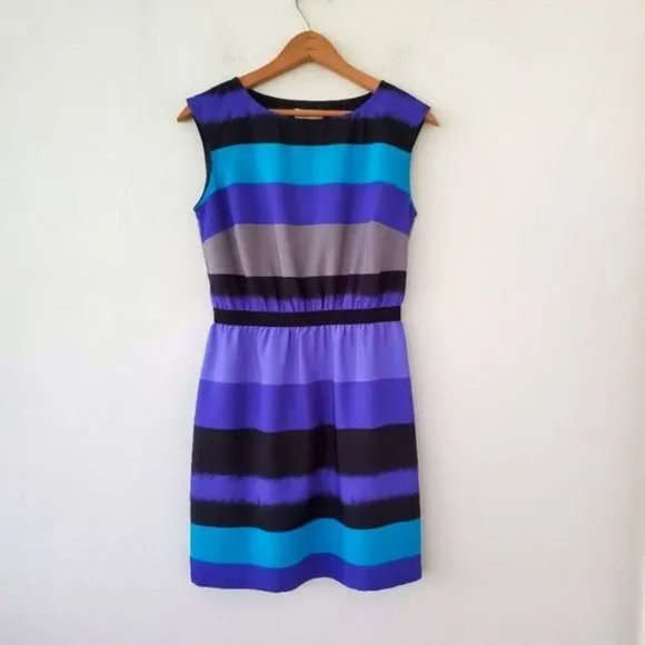 Ann Taylor LOFT Blue Purple Gray Striped Colorblock Dress - Picture 3 of 10